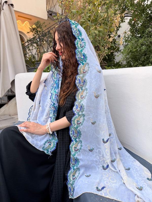 شال هندی ترمه سفید آبی112