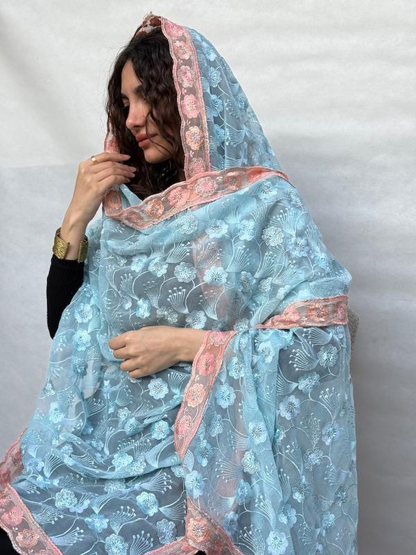 شال هندی گلدوزی آبی پرگل