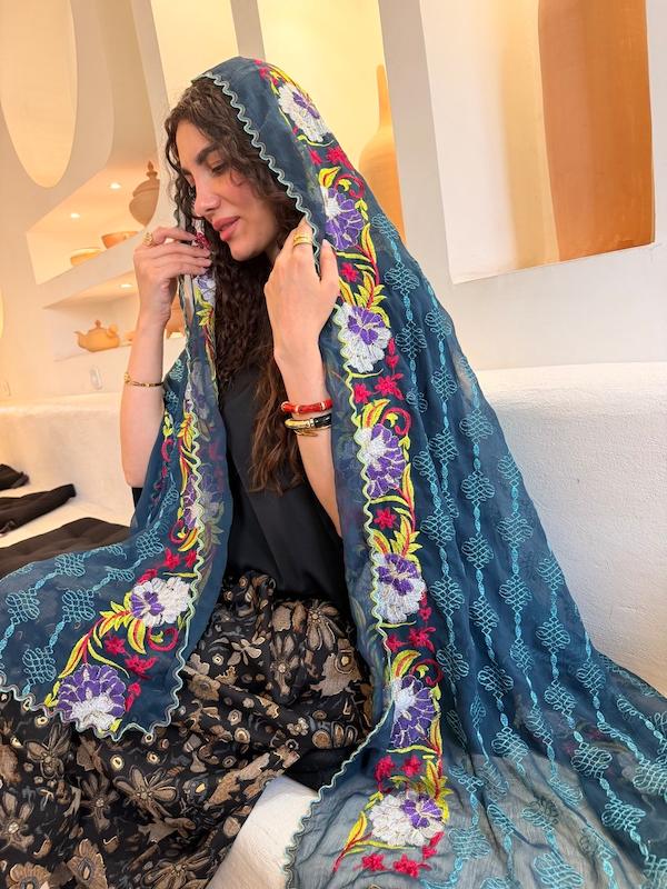شال هندی سبز آبی تیره 146