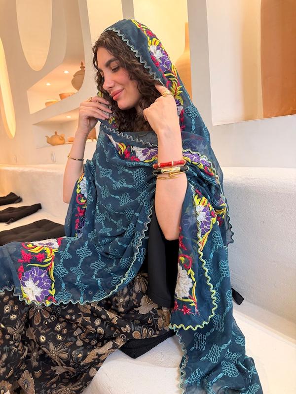 شال هندی سبز آبی تیره 146