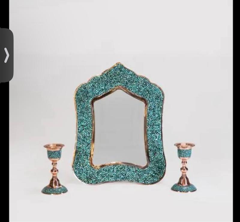 ست آینه و شمعدان فیروزه‌کوبی (صنایع دستی برند کیمورا)