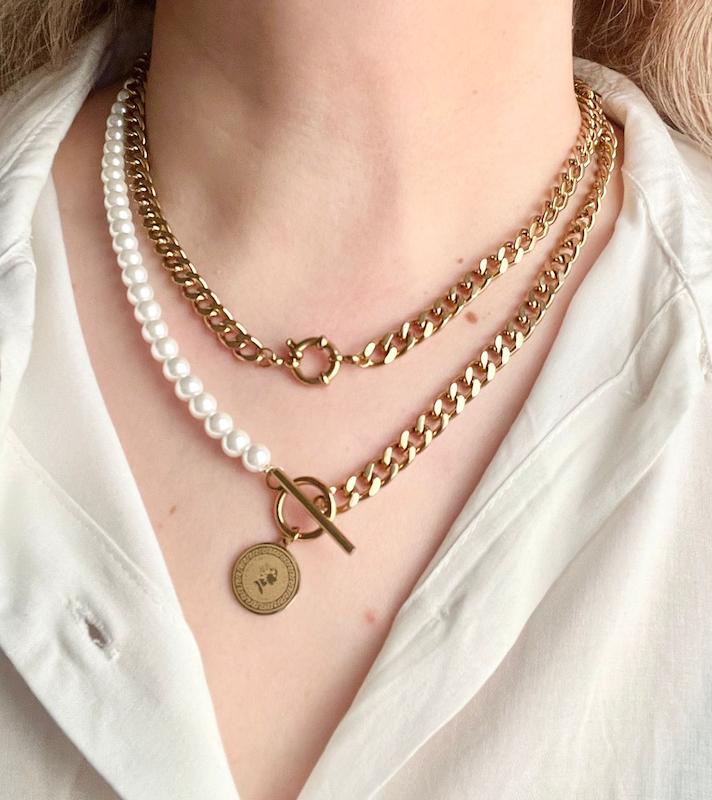 گردنبند استیل ومروارید قفل تی