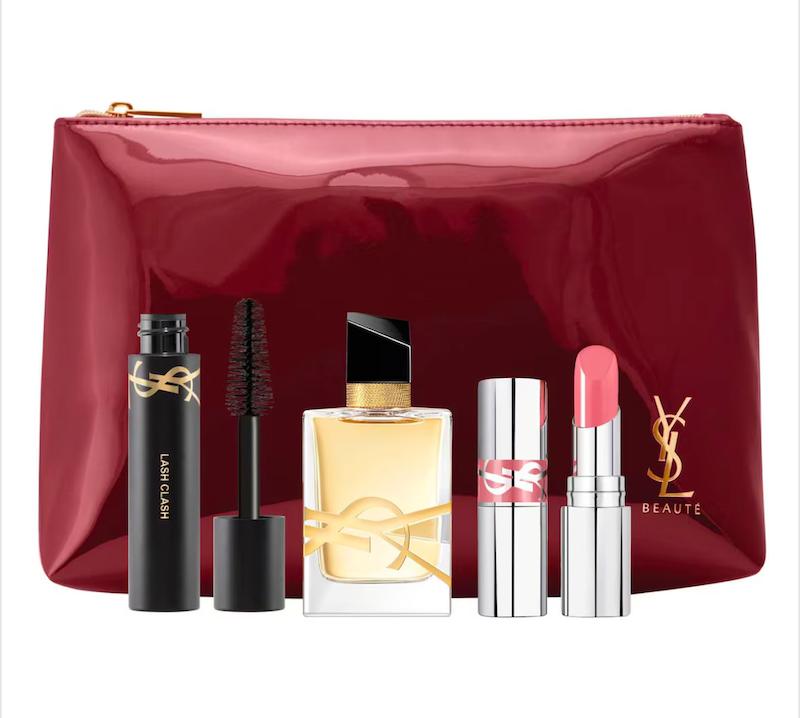 ست هدیه آرایشی ایو سن لوران YSL شامل عطر، ریمل و رژ لب با کیف آرایشی