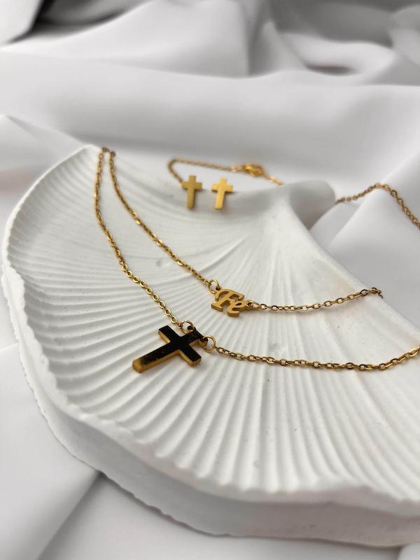 نیم ست گردنبند دو‌لاین و گوشواره طلایی طرح صلیب – مدل ایمان براق