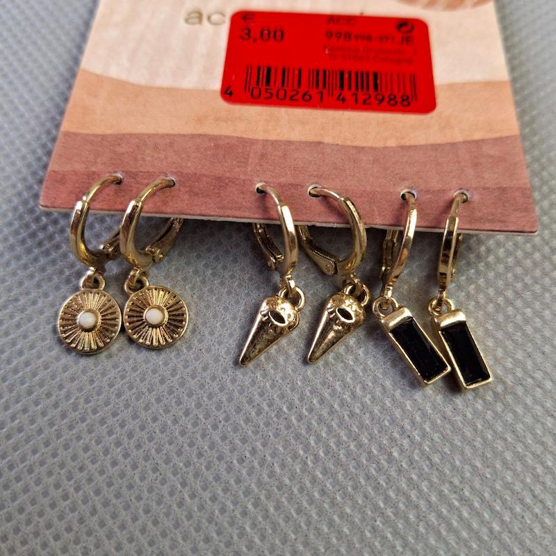 ست سه‌جفت گوشواره حلقه‌ای طلایی – آویز خورشید، پیک تیز و سنگ مشکی
