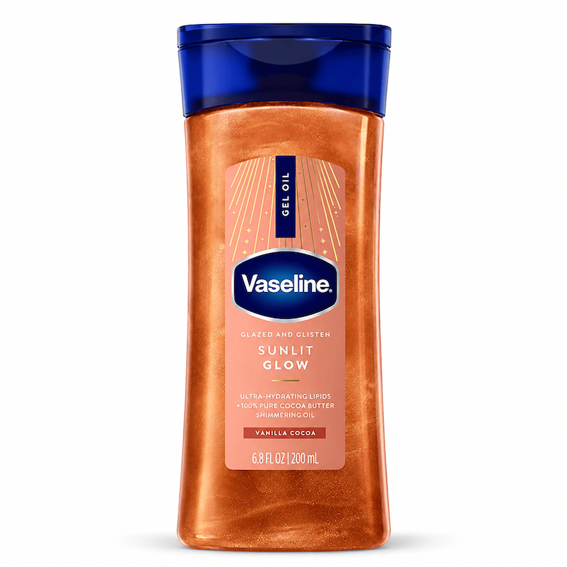 روغن شیمر بدن ژلی شاین‌دار وازلین سانلیت گلو وانیل و کاکائو Vaseline Sunlit Glow Shimmer Gel Oil