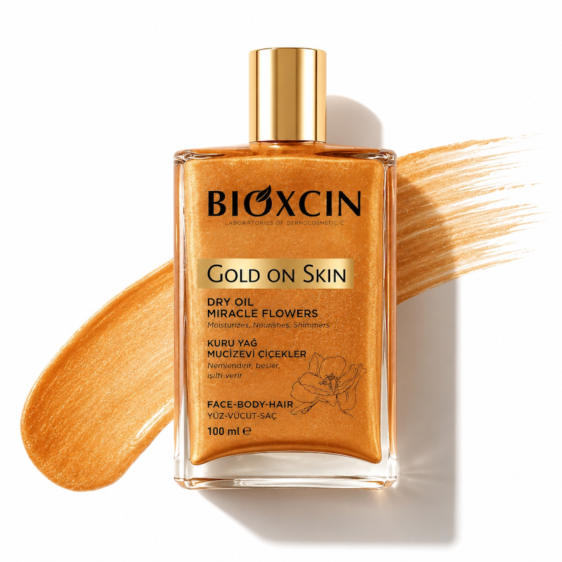 اسپری روغنی شاین صورت و بدن و مو بیوکسین Bioxcin Gold On Skin