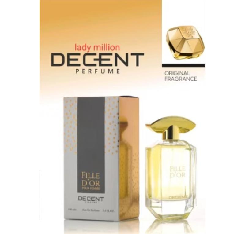 ادکلن برندDECENT دیسنت زنانه پرفیوم رایحه ی اورجینال لیدی میلیون پرفیوم 100 میل مدل FILLE DOR