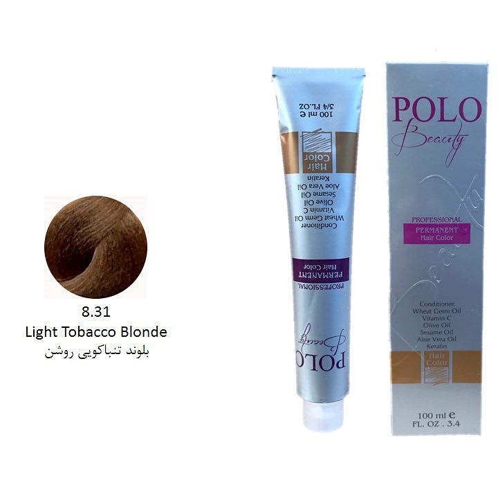 رنگ مو پلو بیوتی POLO حجم 100 میلی لیتر شماره 8.31 بلوند تنباکویی روشن (بدون سولفات)
