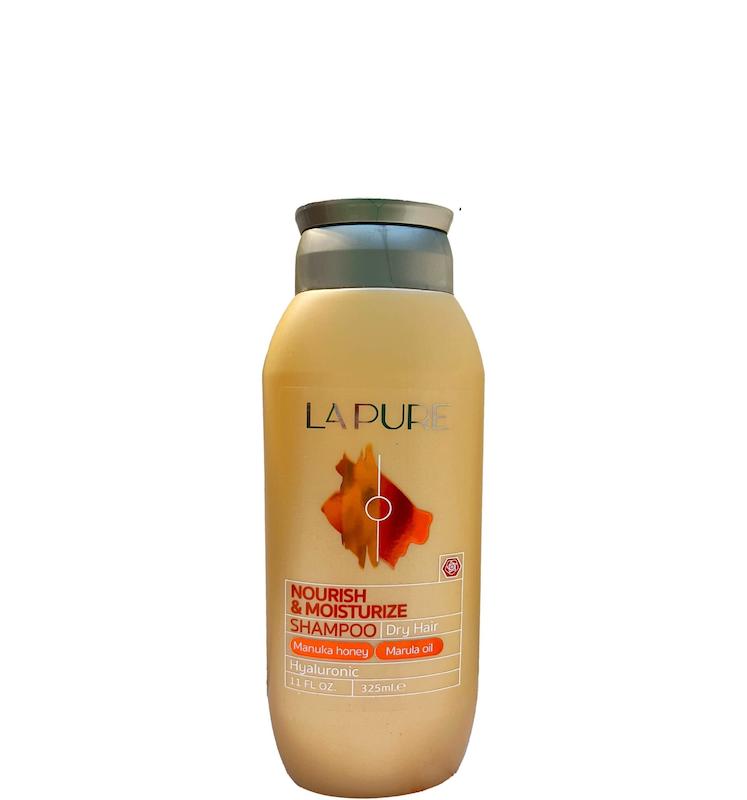 شامپو مغذی و آبرسان مناسب برای موهای خشک حاوی روغن مارولا و عسل مانوکا لپیور LAPURE حجم 325 میل