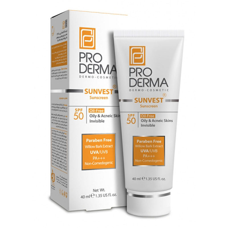 کرم ضد آفتاب فاقد چربی SPF50 مناسب برای پوستهای چرب و جوشدار پرودرما PRO DERMA ( فاقد رنگ) حجم 40 میل