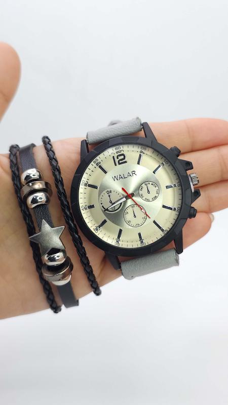 ست ساعت مچی و دستبند والار Walar سبک ۳موتوره با بند چرمی کد 4924