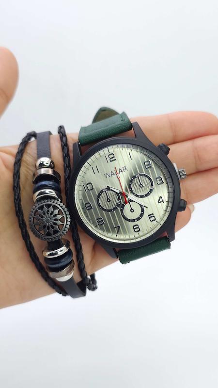 ست ساعت مچی و دستبند والار Walar سبک ۳موتوره با بند چرمی کد 4927