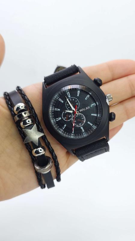 ست ساعت مچی و دستبند والار Walar سبک ۳موتوره با بند چرمی کد 4929