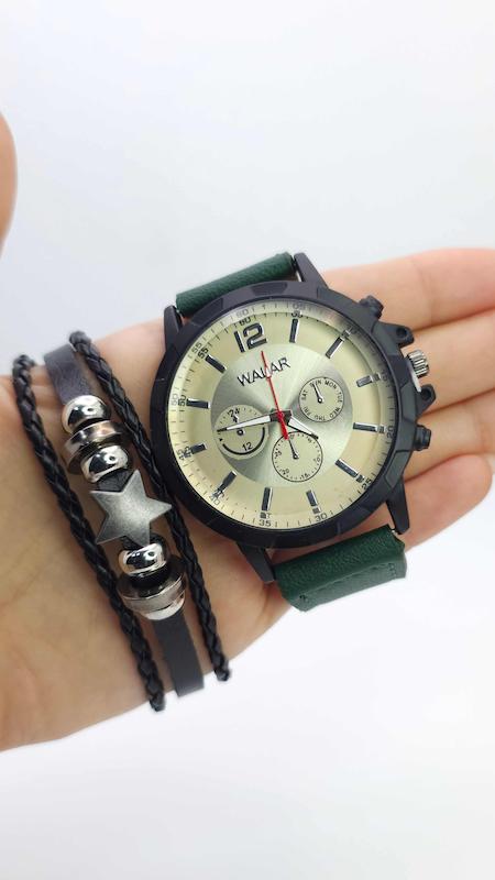 ست ساعت مچی و دستبند والار Walar سبک ۳موتوره با بند چرمی کد 4930