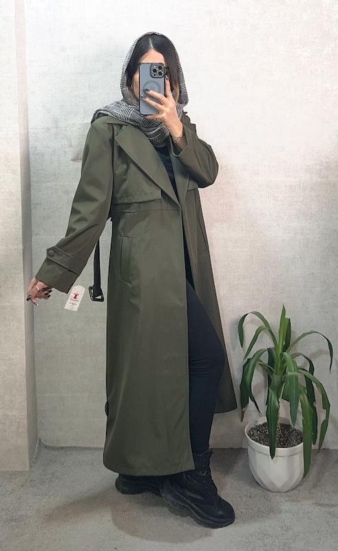 بارانی بلند زنانه مدل ژیله‌دار جنس سانتانا گرم بالا