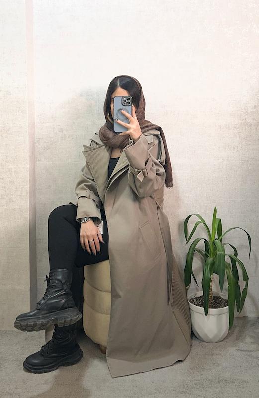 بارانی بلند زنانه ترکیبی کتان و میله ای قد ۱۲۰