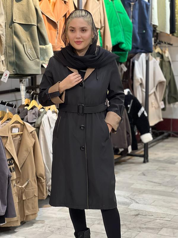 بارانی بلند زنانه مدل دو رنگ جنس سانتانا گرم بالا