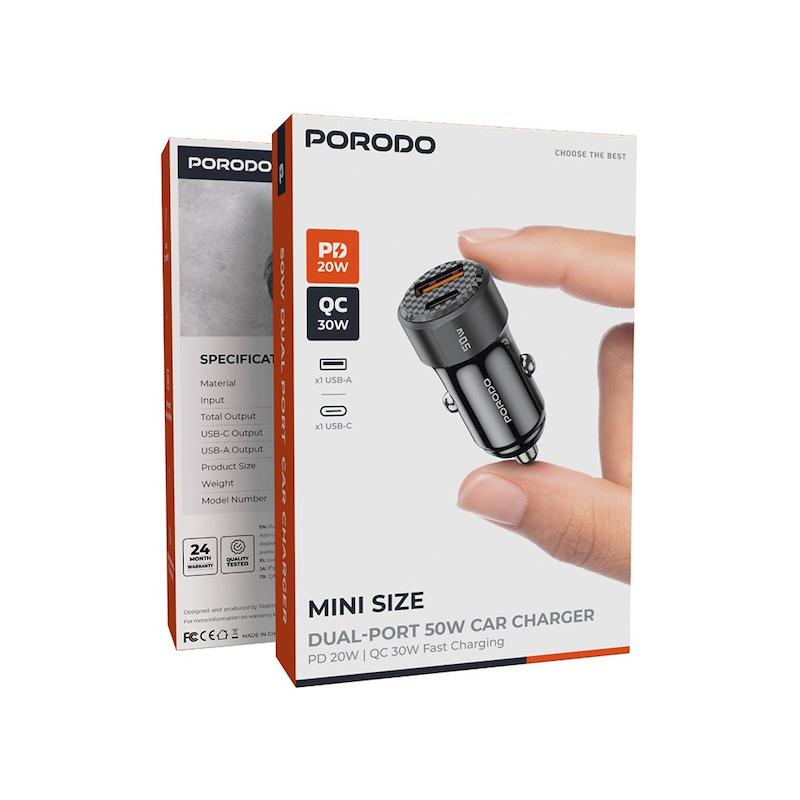 شارژر فندکی ۵۰ وات پورودو با دو پورت (PD 20W و QC 30W) - مشکی