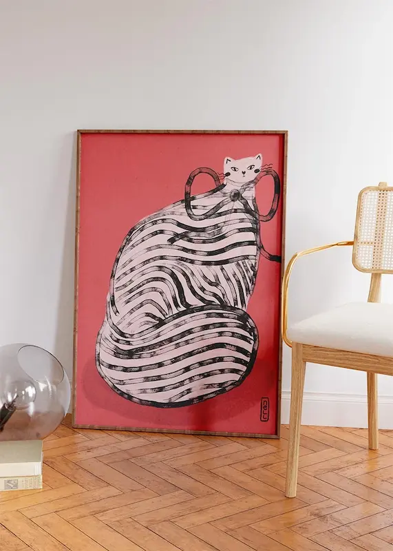 Black and White Stripe Cat Illustration تابلو