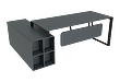 این عکس یک میز اداری مدیریتی دارای طراحی مدرن با بدنه ام دی اف، روکش ممبران به رنگ طوسی تیره، همراه با ساختار ال به همراه 4قفسه و پنل در زاویه 45درجه عکس برداری شده است.