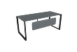 این میز کارمندی دارای طراحی مدرن با بدنه ام دی اف، روکش ممبران به رنگ طوسی تیره،دارای پنل و پایه های فلزی مشکی که از زاویه 45درجه عکاسی شده است.