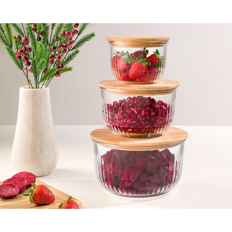 ظرف نگه‌دارنده لیمون مدل کاسه‌ای ‬‫درب‌چوبی کد 2212 - (ست 3 عددی)