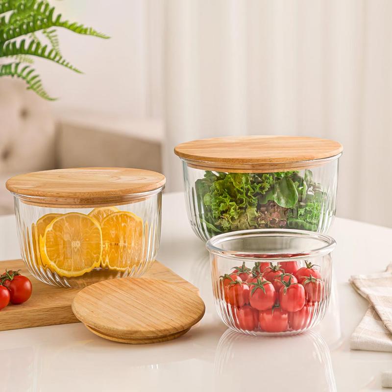 ظرف نگه‌دارنده لیمون مدل کاسه‌ای ‬‫درب‌چوبی کد 2212 - (ست 3 عددی)