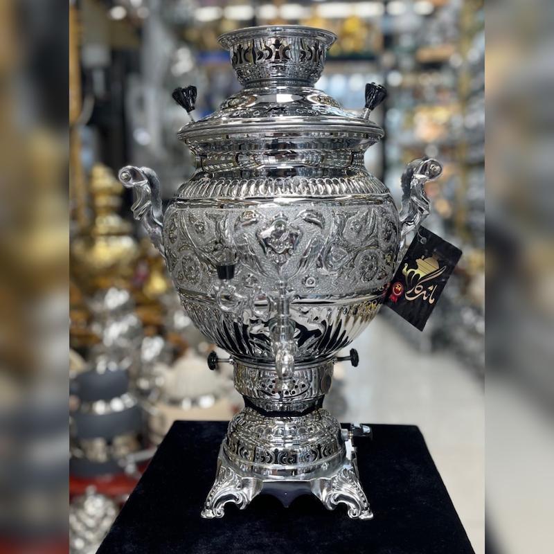 سماور گازی ماندگار مدل خمره ای قلم زنی گنجایش ۷ لیتر