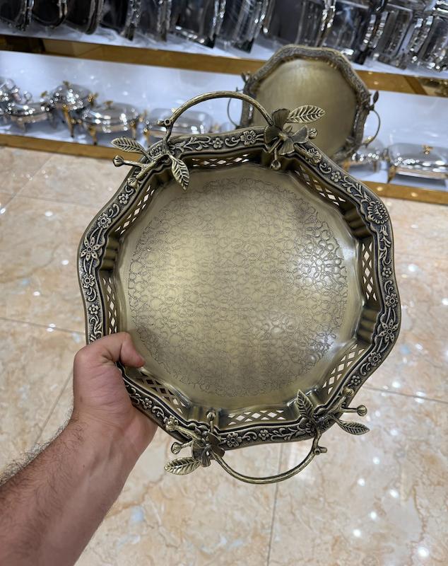 سینی هشت ضلعی لبه توری مدل پروانه رنگ آنتیک(زیتونی)