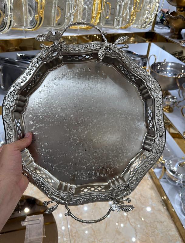 سینی هشت ضلعی لبه توری مدل پروانه رنگ نیکلی
