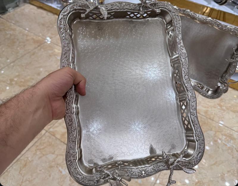 سینی مستطیل لبه توری مدل پروانه رنگ نیکلی