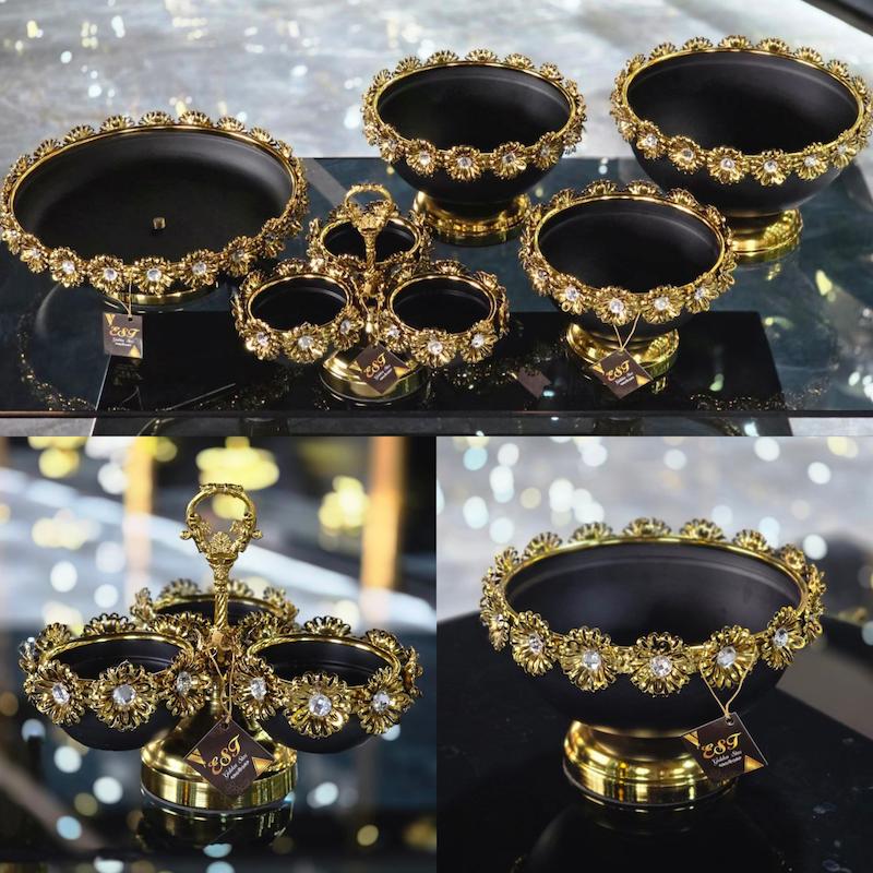 سرویس پذیرایی ۵ تکه نگین دار رنگ مشکی‌ زیتونی