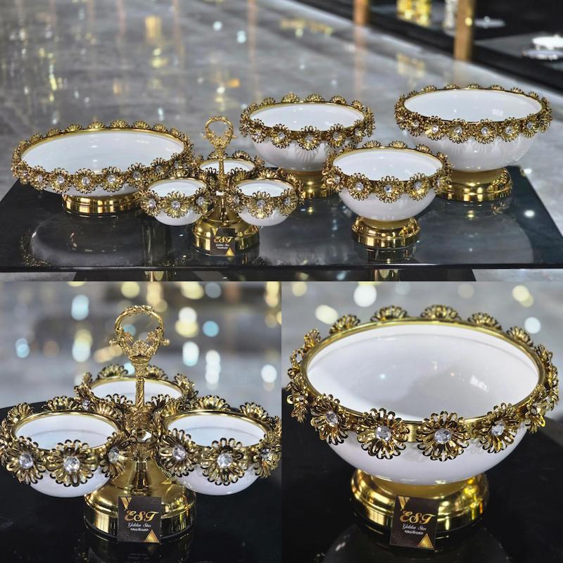 سرویس پذیرایی ۵ تکه نگین دار رنگ سفید زیتونی