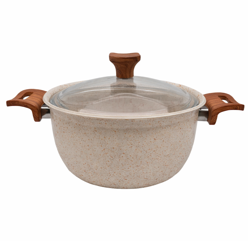 قابلمه چدن گرانیتی سایز ۲۴ هاناتک رنگ کرم درب پیرکس