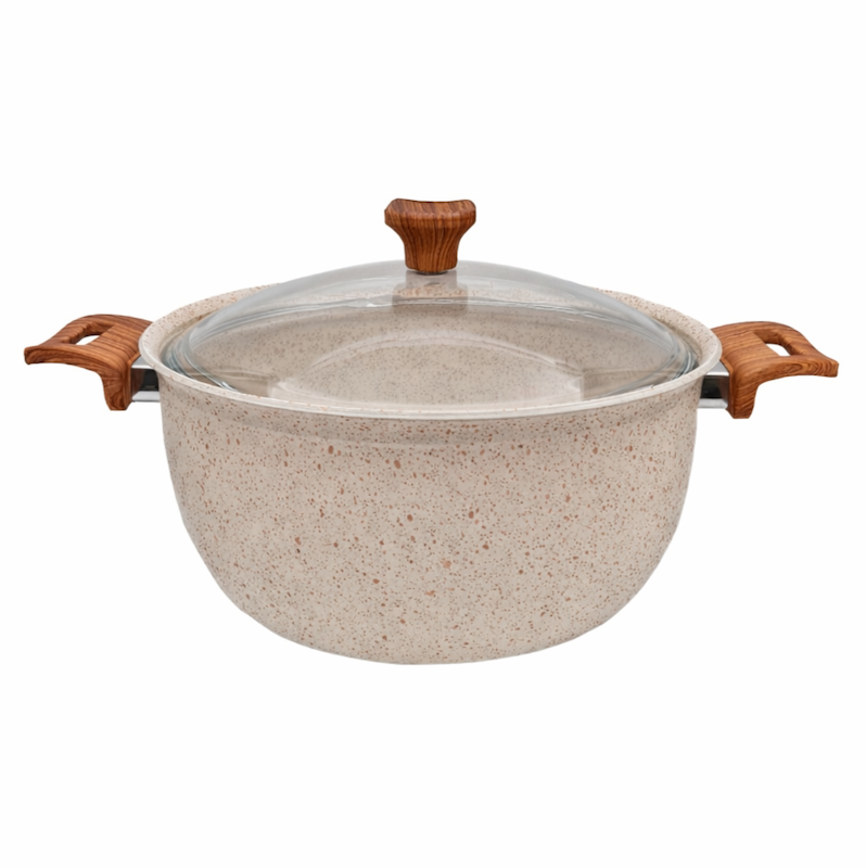 قابلمه چدن گرانیتی سایز ۲۸ هاناتک رنگ کرم درب پیرکس