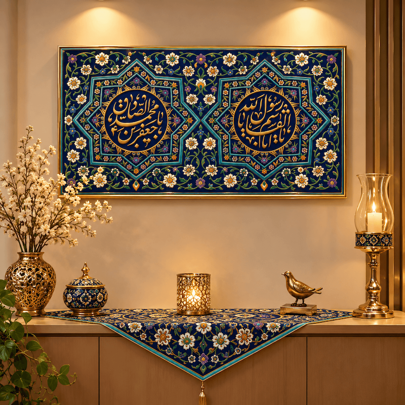 کتیبه مخمل طرح حضرت محمد (ص) و امام صادق (ع)