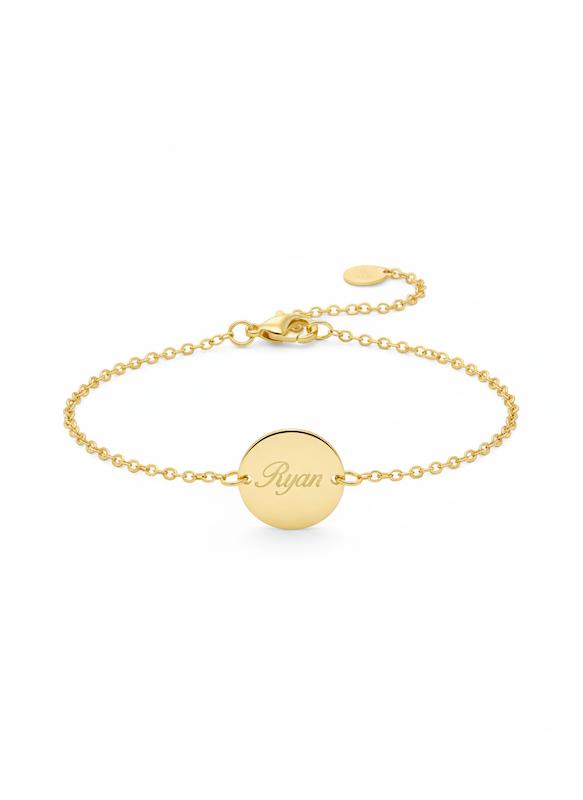 دستبند بچگانه طلا ۱۸ عیار پلاک گرد نوزادی با زنجیر فلامینگو با امکان حک اسم گالری شمش طلا