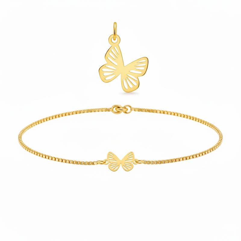 سرویس زنانه طلا ۱۸ عیار آویز و دستبند با بند استیل پروانه شیاردار گالری شمش طلا