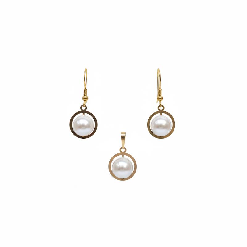 سرویس زنانه طلا ۱۸ عیار نیم ست مروارید پرورشی  با گوشواره عصایی گالری شمش طلا