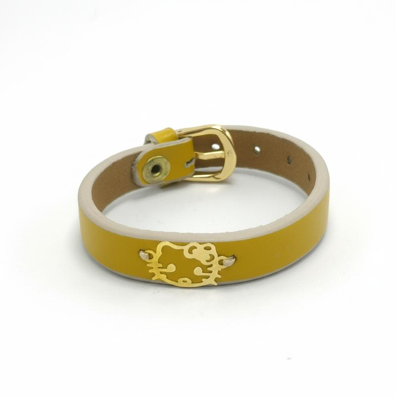 دستبند بچگانه طلا ۱۸ عیار کیتی درشت روی چرم طبیعی استاندارد کودک گالری شمش طلا