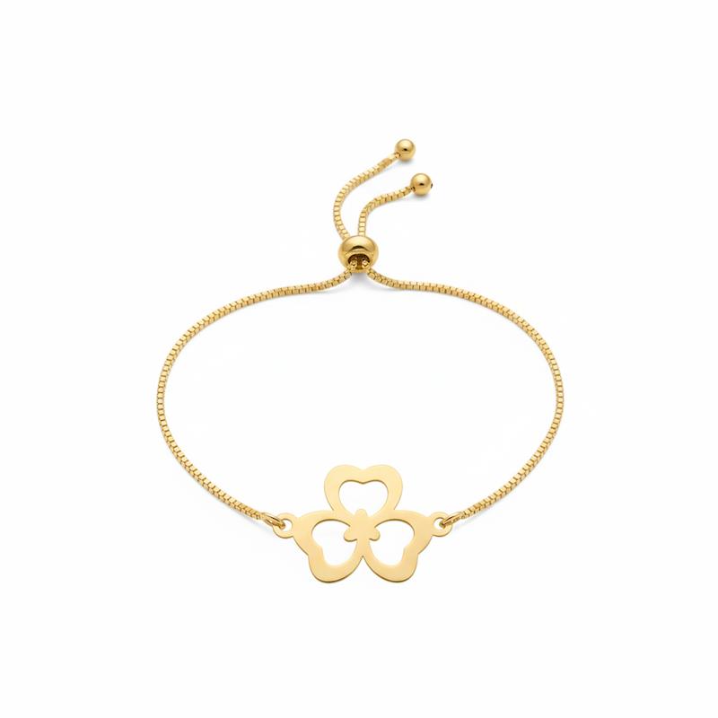 دستبند زنانه طلا ۱۸ عیار گل سه پر با بند استیل طلایی قابل تنظیم گالری شمش طلا