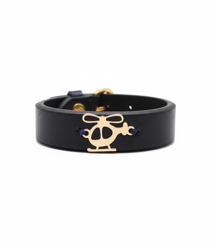 دستبند بچگانه طلا ۱۸ عیار هلی کوپتر پسرانه روی چرم طبیعی استاندارد کودک گالری شمش طلا