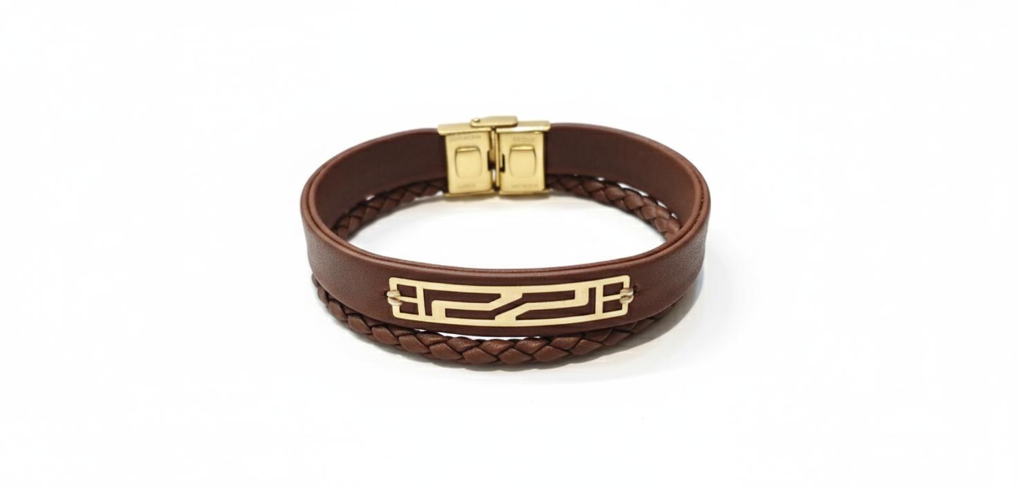 دستبند مردانه طلا ۱۸ عیار چرم۱۰ گالری مینو گلد