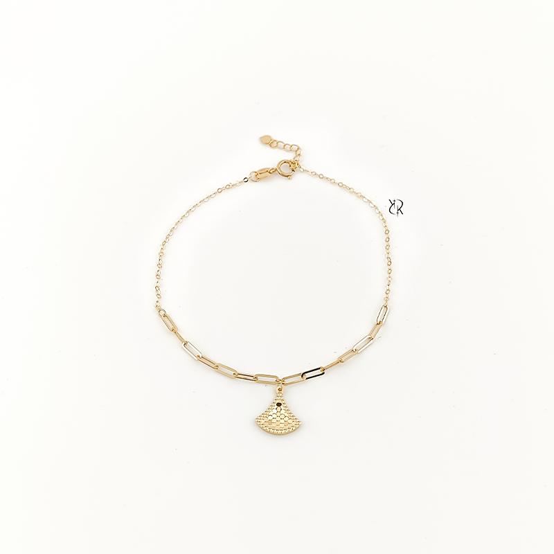 دستبند زنانه طلا ۱۸ عیار دستبند طلا طرح هرمس و آویز بادبزنی گالــری طلا رابــونـل