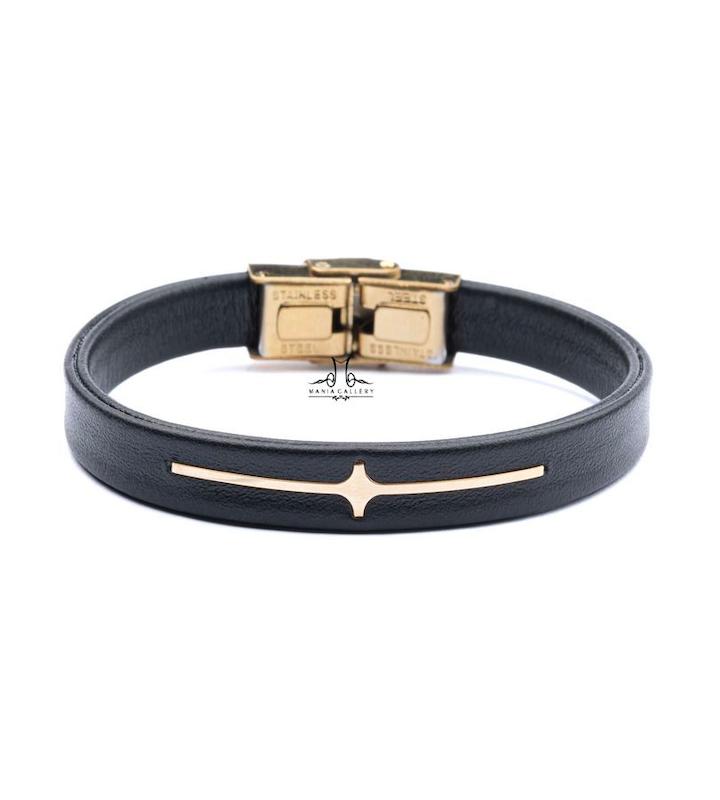 دستبند مردانه طلا ۱۸ عیار دستبند چرم 012 گالری مانيا