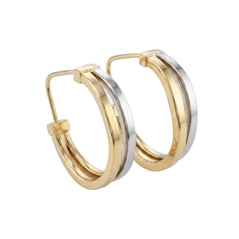 گوشواره زنانه طلا ۱۸ عیار مدل حلقه ای دوخط زرد و سفید دلفین گلد گالری