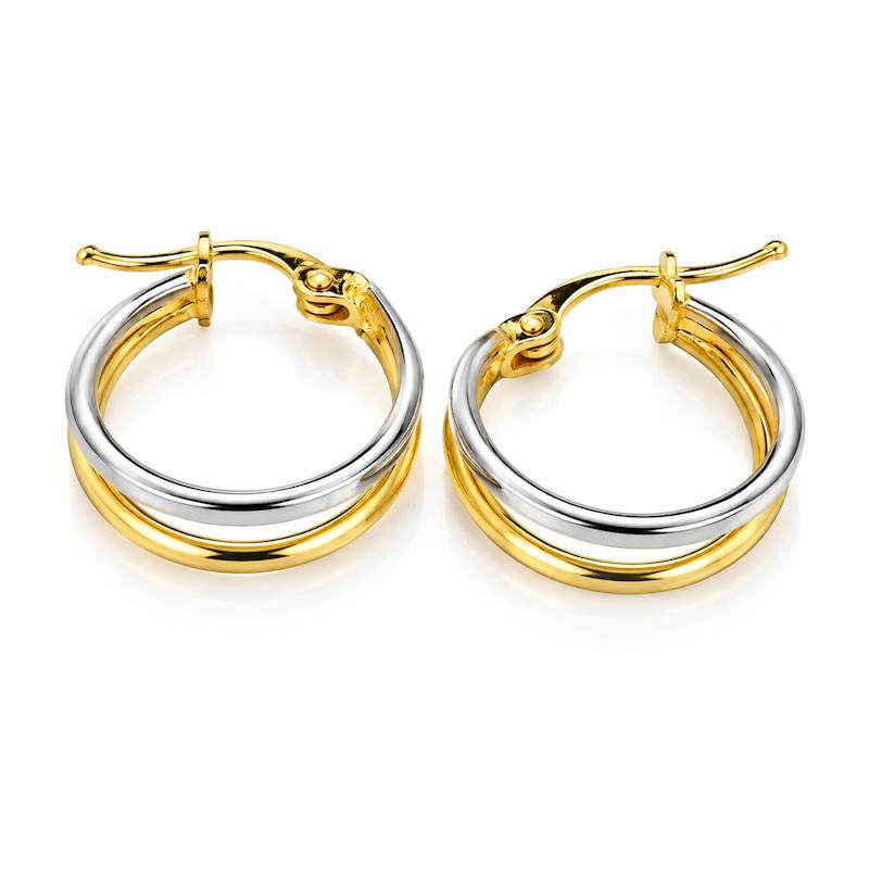 گوشواره طلا ۱۸ عیار دو حلقه سفید طلایی دایره گالری سها