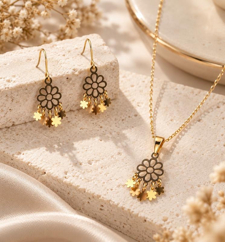 زنانه نیم ست طلا ۱۸ عیار گوشواره و آویز طرح گل شرابه ای نمادار ری گلد