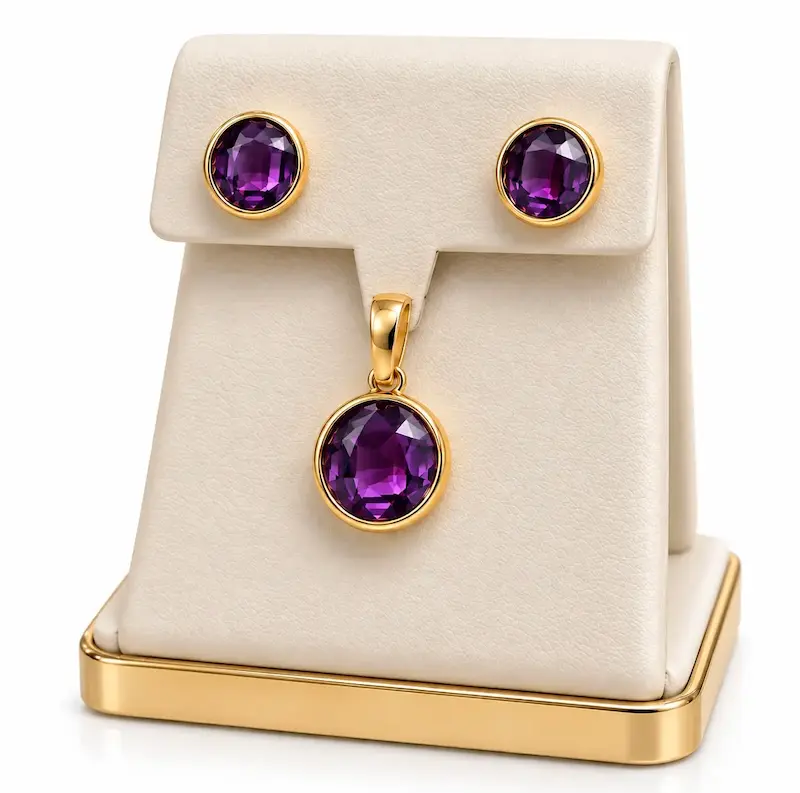 زنانه نیم ست طلا ۱۸ عیار نیم ست یاقوت بنفش گوشواره و آویز ری گلد